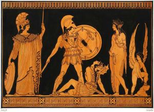 Antiga pintura grega representando, dadireita para a esquerda: Eros, Afrodite, Pentesileia, Aquiles e Atena no Plano de Troia.