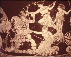 Detalhe em vaso grego sobre as Mênadas atacando Orfeu.